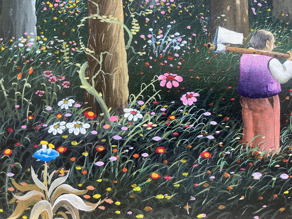 Tableau naif école de l’Est Serbie les bûcherons peinture signée Dragan Milhaïlovic-photo-7