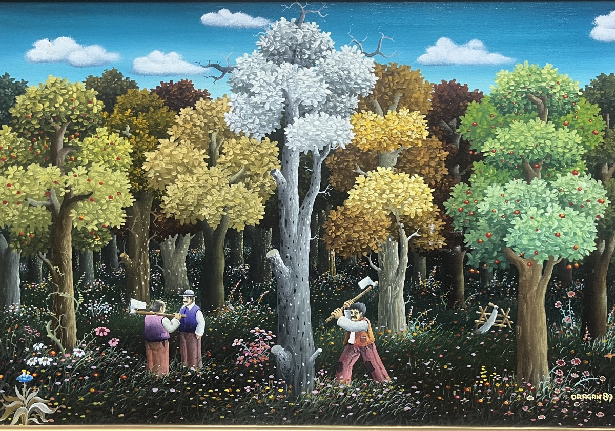Tableau naif école de l’Est Serbie les bûcherons peinture signée Dragan Milhaïlovic
