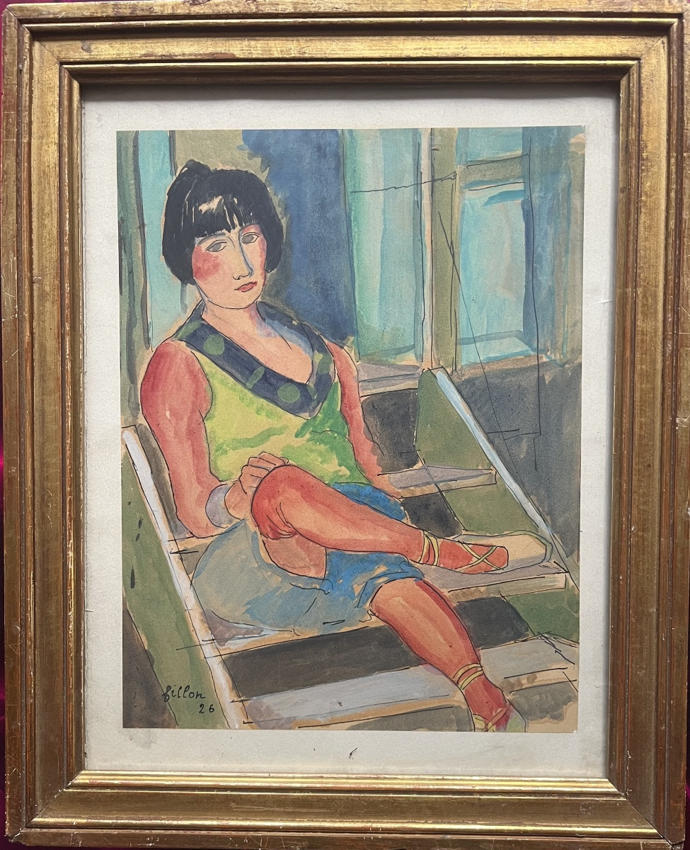 Watercolor Painting Of A Young Woman Seated, Signed And Dated Arthur Fillon 1926-photo-2