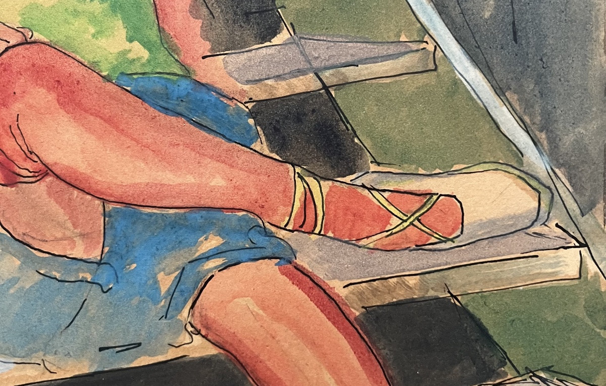 Watercolor Painting Of A Young Woman Seated, Signed And Dated Arthur Fillon 1926-photo-2