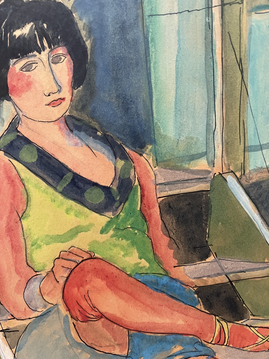 Watercolor Painting Of A Young Woman Seated, Signed And Dated Arthur Fillon 1926-photo-3