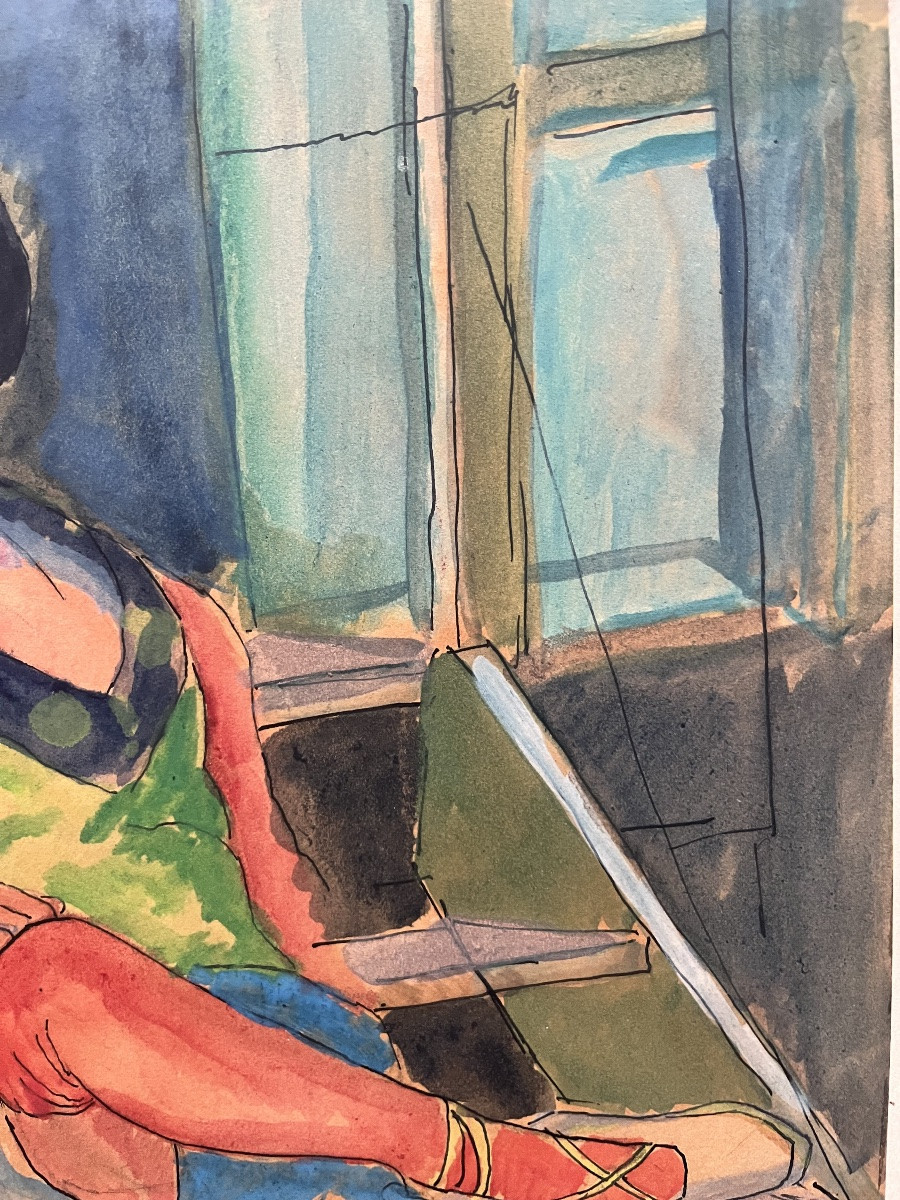 Watercolor Painting Of A Young Woman Seated, Signed And Dated Arthur Fillon 1926-photo-4