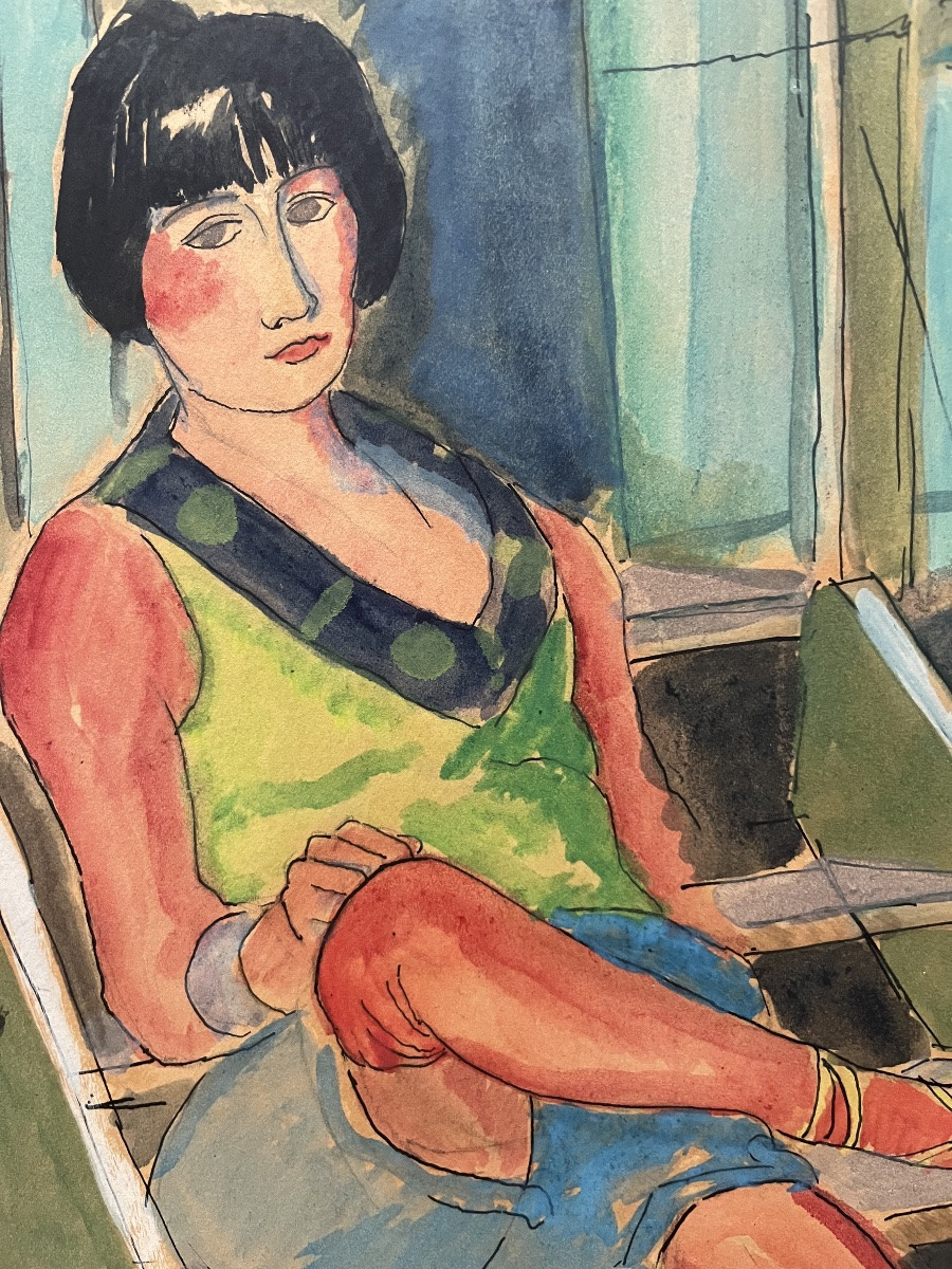 Watercolor Painting Of A Young Woman Seated, Signed And Dated Arthur Fillon 1926-photo-6