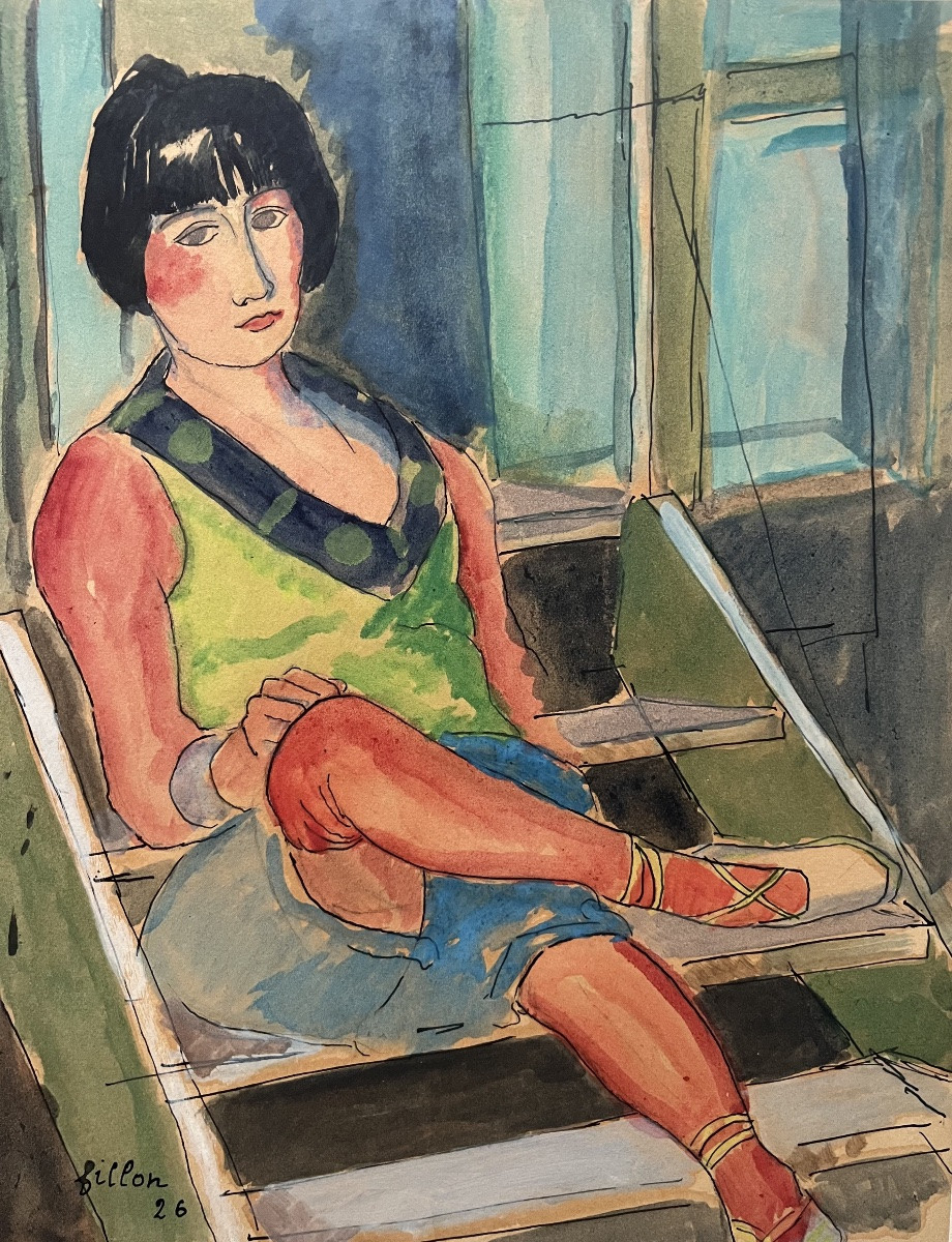 Watercolor Painting Of A Young Woman Seated, Signed And Dated Arthur Fillon 1926-photo-7