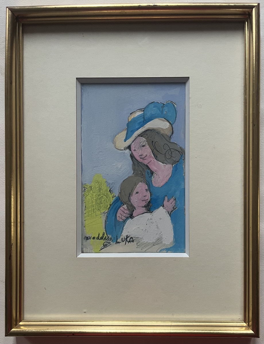 Naïve Art Painting Of Maternity In Gouache, Signed Madeleine Luka-photo-2