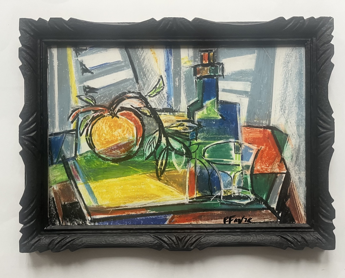 Cubist Pastel Still Life Painting Of Marseille, Signed Pierre Favre (1906-1983)-photo-2