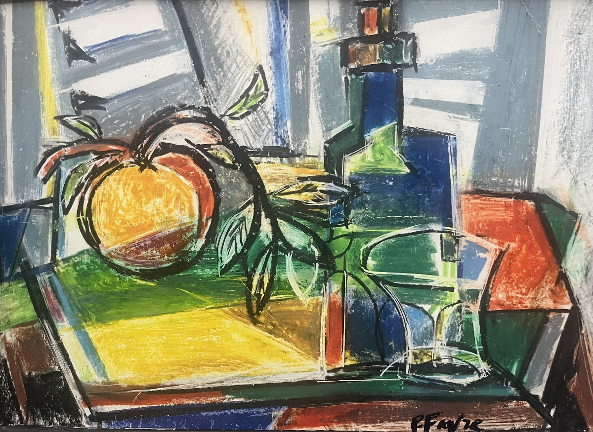 Cubist Pastel Still Life Painting Of Marseille, Signed Pierre Favre (1906-1983)-photo-3