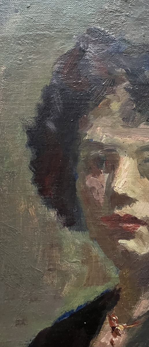 Tableau portrait de femme peinture avec signature à identifier .-photo-3