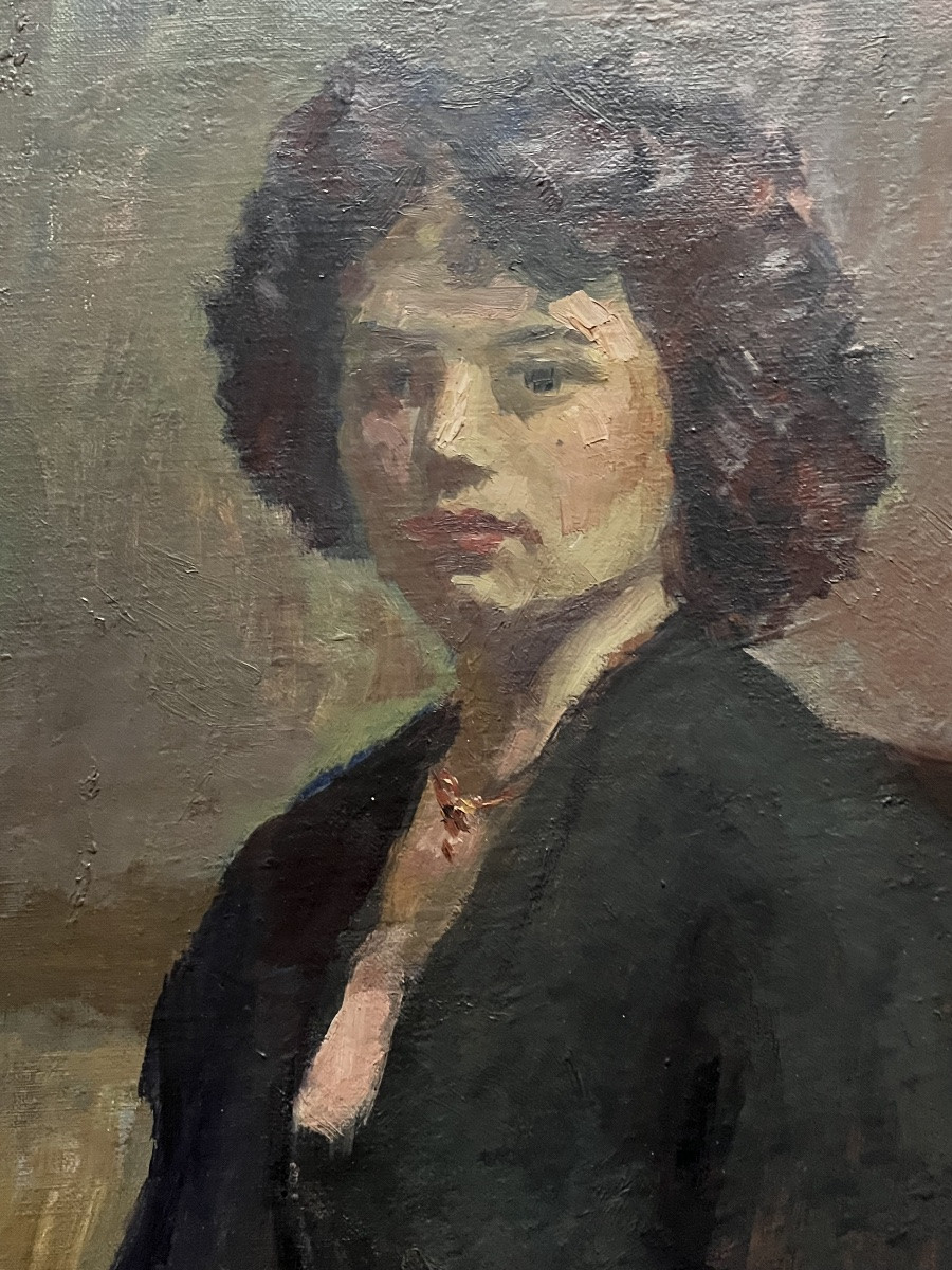 Tableau portrait de femme peinture avec signature à identifier .-photo-7