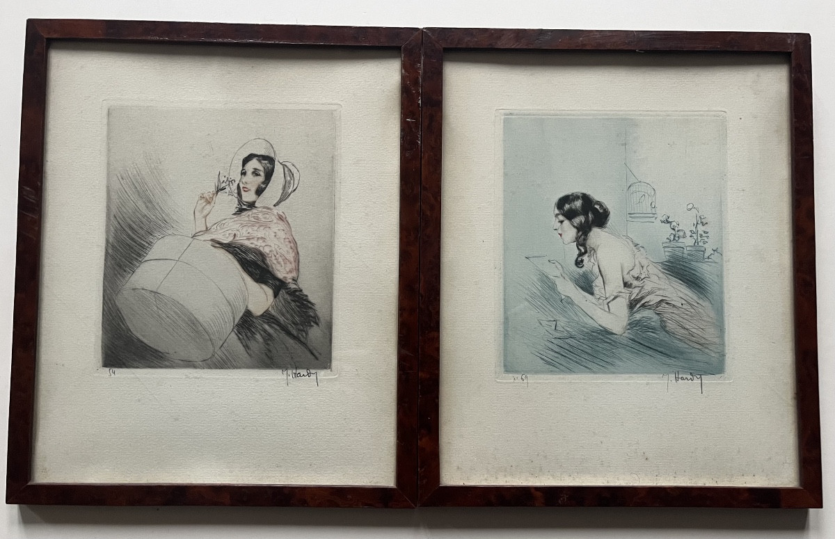 Art déco boudoir élégantes deux gravures signées Jean Hardy proche Icart 