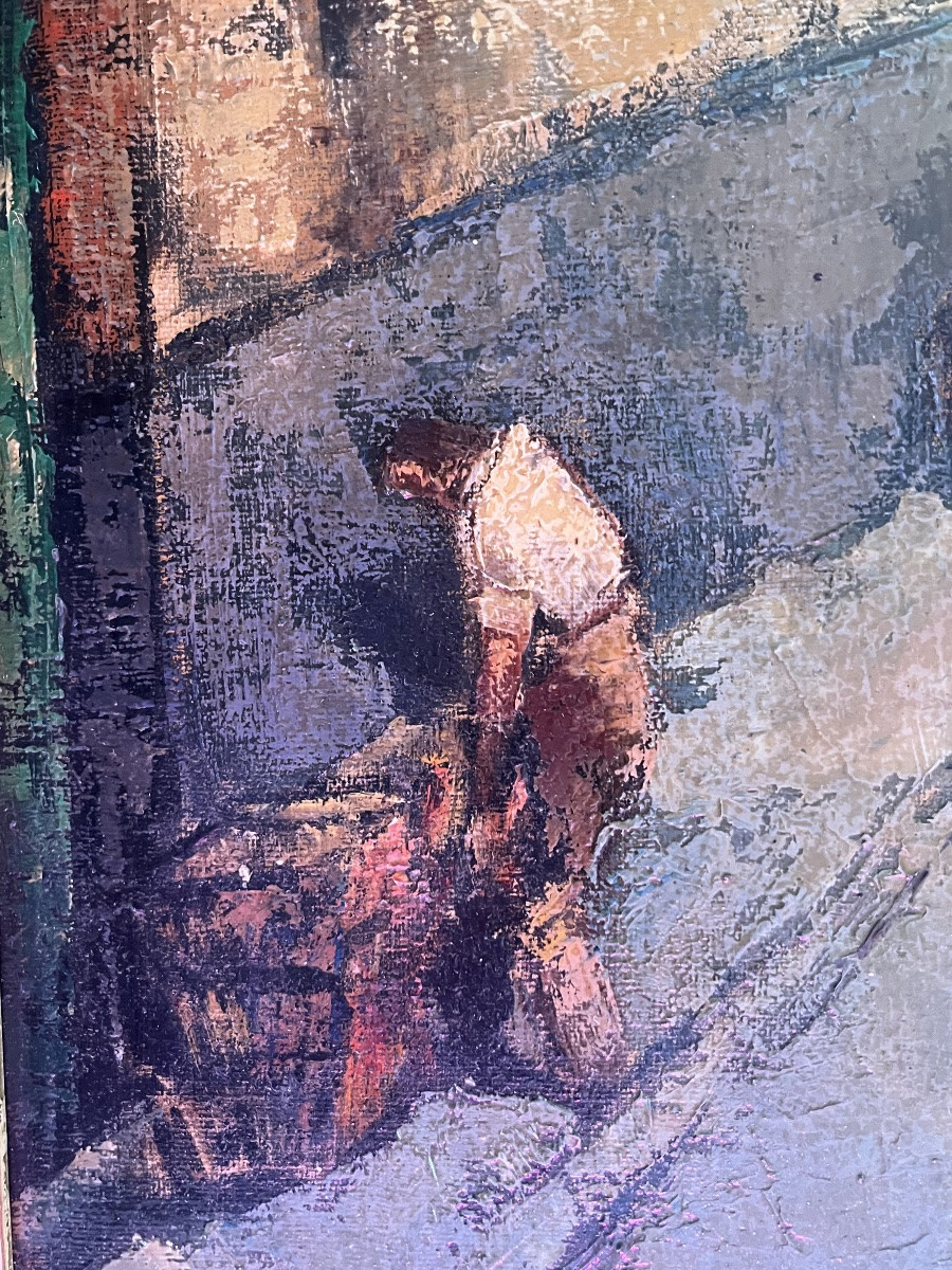 Expressionist Painting Of A View Of Paris On Rue Quincampois, From The 1950s, Artist To Be Identified!-photo-3