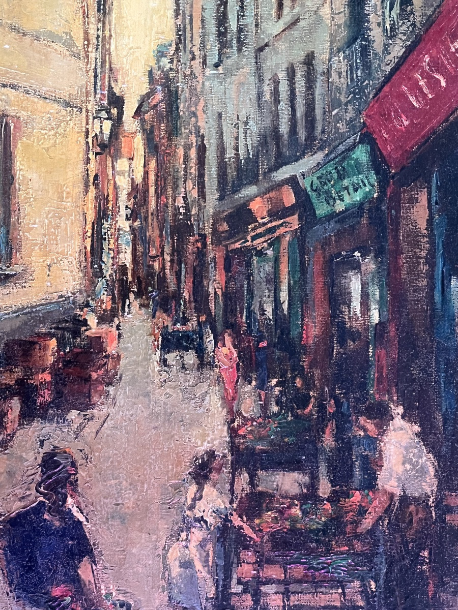Expressionist Painting Of A View Of Paris On Rue Quincampois, From The 1950s, Artist To Be Identified!-photo-5
