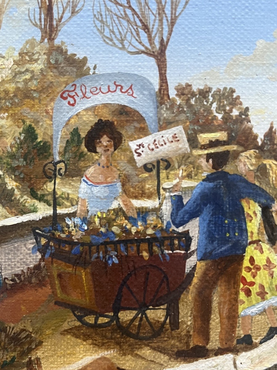 Tableau naïf la marchande de fleurs peinture signée Francois Torti-photo-1