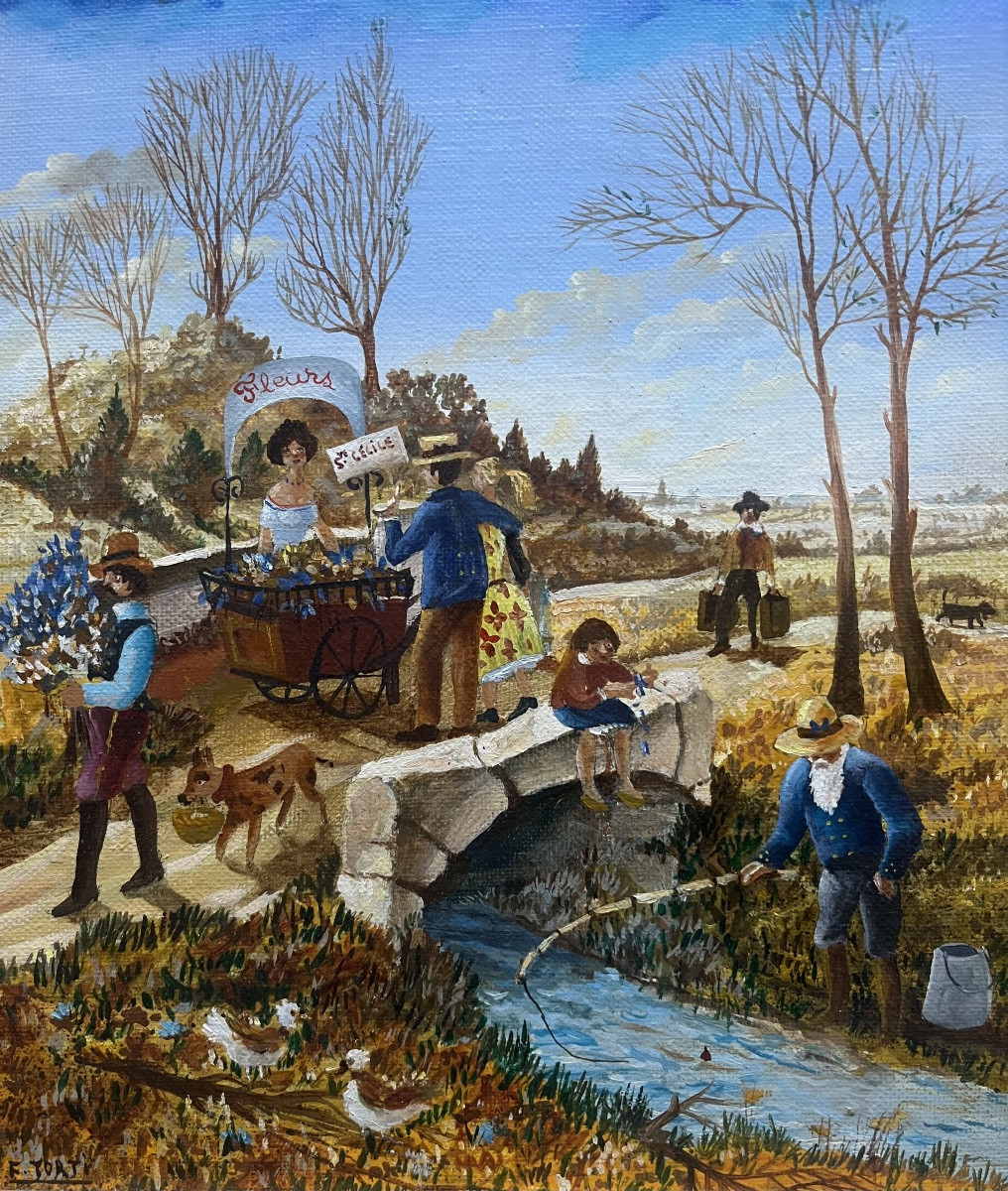 Tableau naïf la marchande de fleurs peinture signée Francois Torti-photo-7