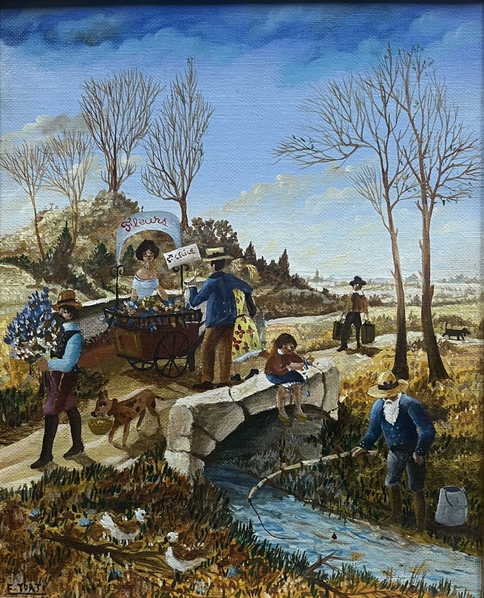 Tableau naïf la marchande de fleurs peinture signée Francois Torti