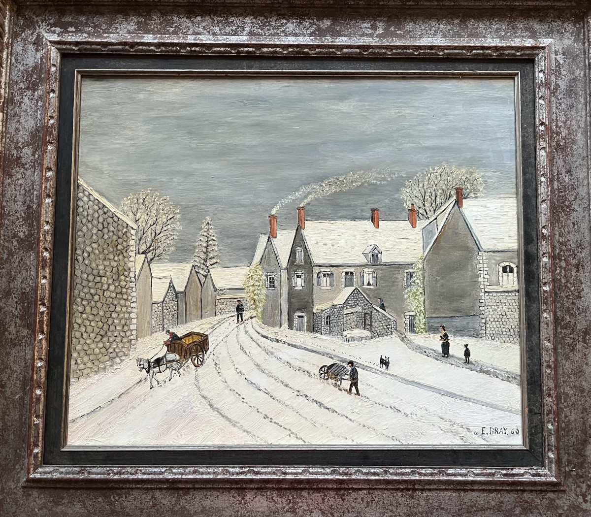 Tableau naïf village sous la neige près de Blois peinture signée Ernest Bray 1883-1969.-photo-2