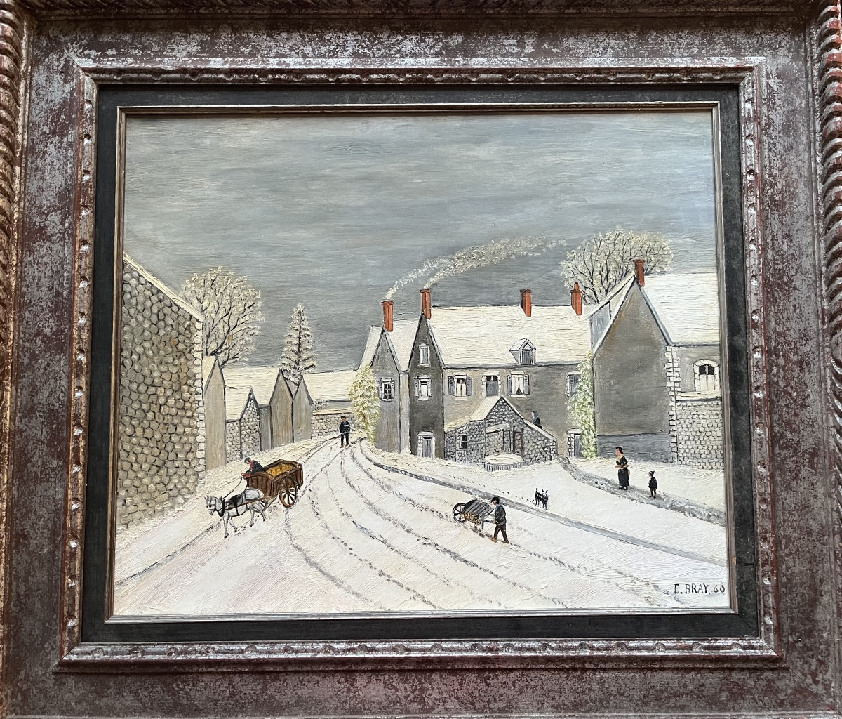 Tableau naïf village sous la neige près de Blois peinture signée Ernest Bray 1883-1969.-photo-3