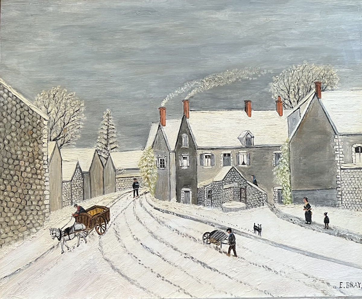 Tableau naïf village sous la neige près de Blois peinture signée Ernest Bray 1883-1969.