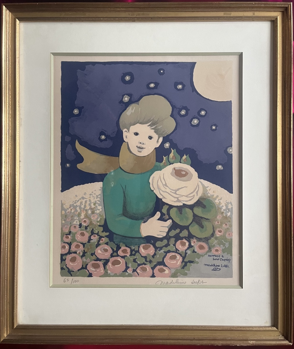 Lithographie art naïf le petit prince signée Madeleine Luka Collection Charles de Gaulle . -photo-3