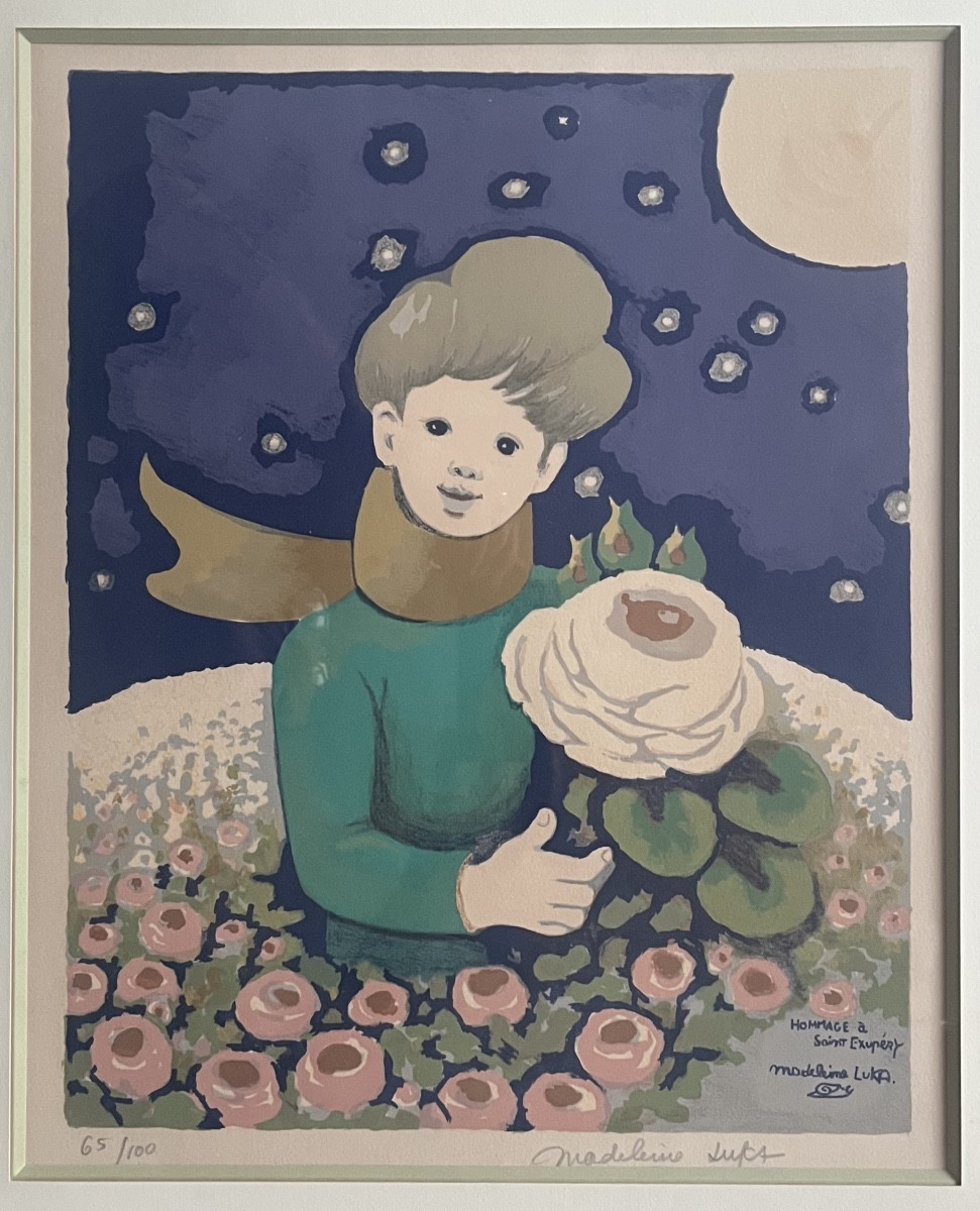Lithographie art naïf le petit prince signée Madeleine Luka Collection Charles de Gaulle . 
