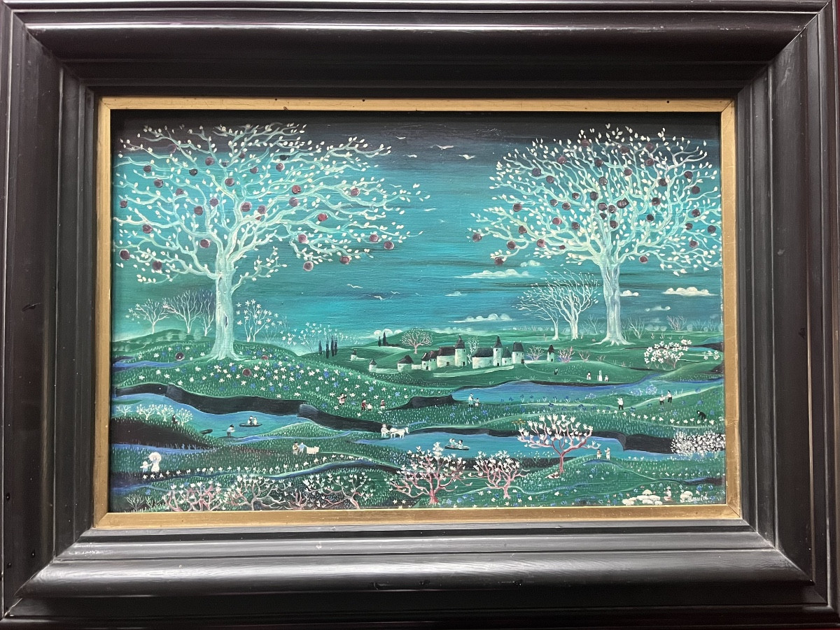 Tableau naïf paysage de campagne animé peinture signée Jacqueline David -photo-2