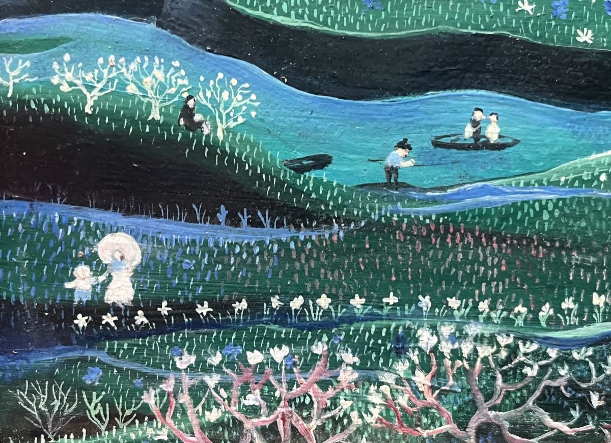 Tableau naïf paysage de campagne animé peinture signée Jacqueline David -photo-4