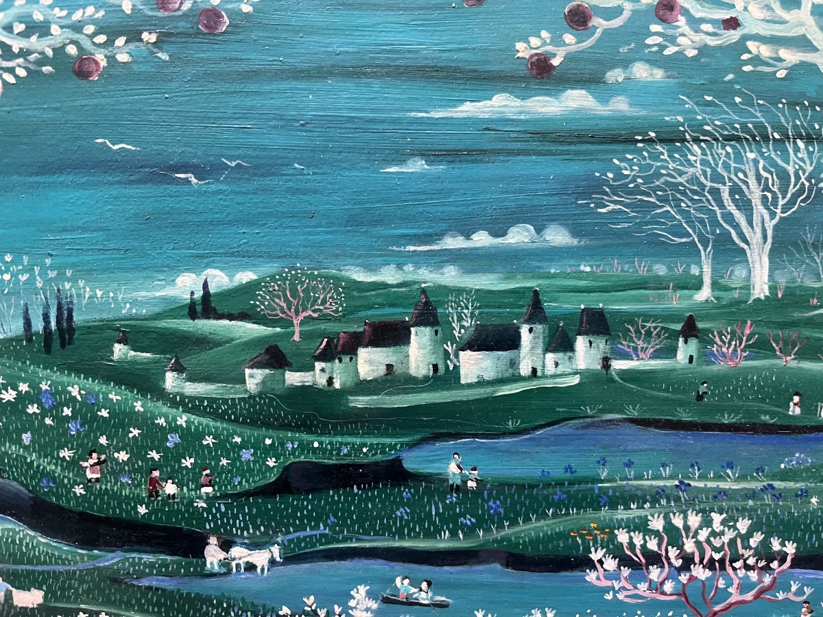 Tableau naïf paysage de campagne animé peinture signée Jacqueline David -photo-6