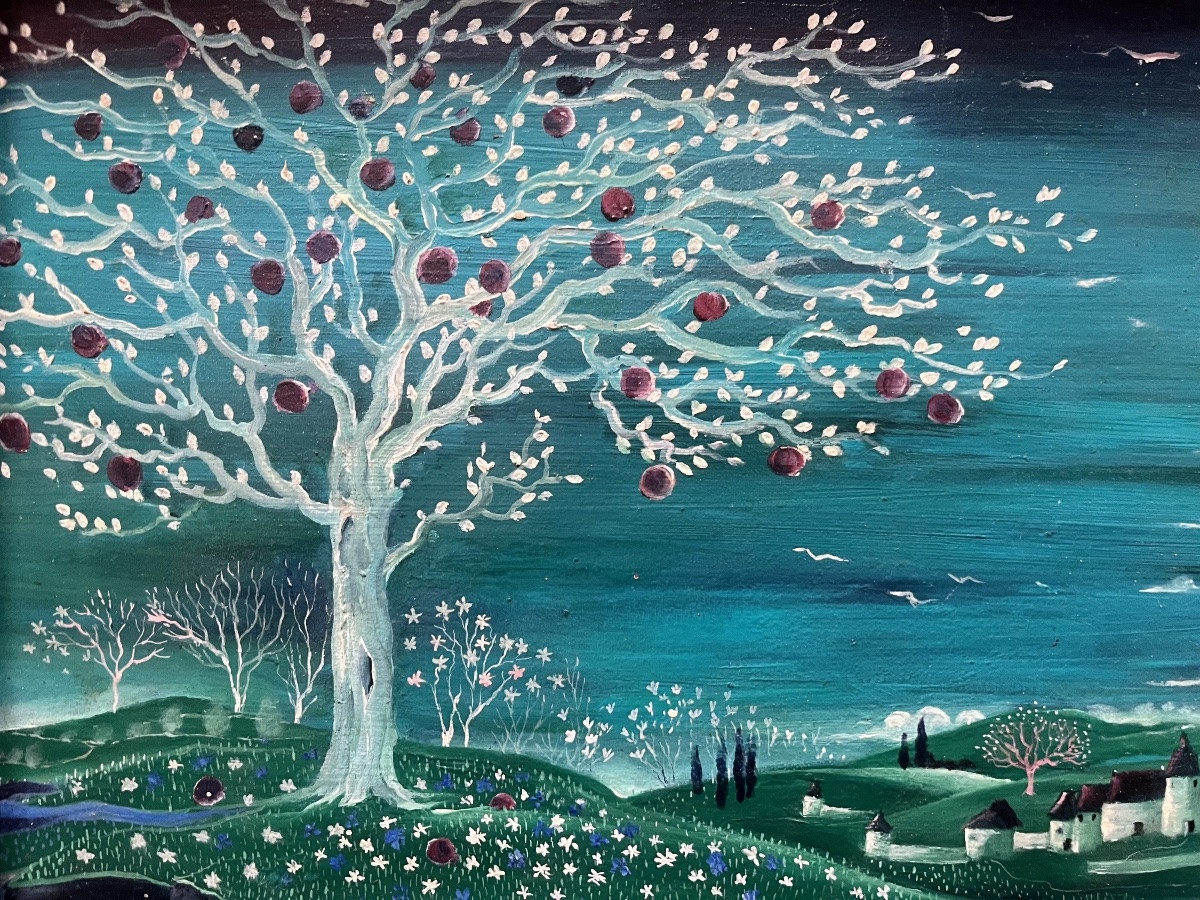 Tableau naïf paysage de campagne animé peinture signée Jacqueline David -photo-7