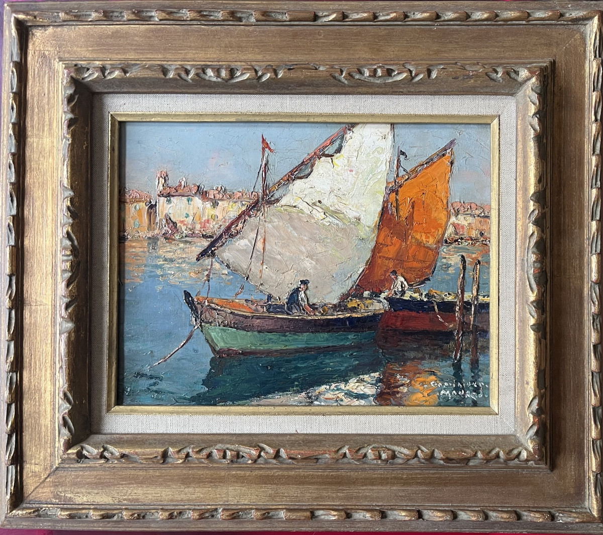 Tableau marine école provençale port de Toulon peinture signée Dominique Manago né en 1902-photo-2