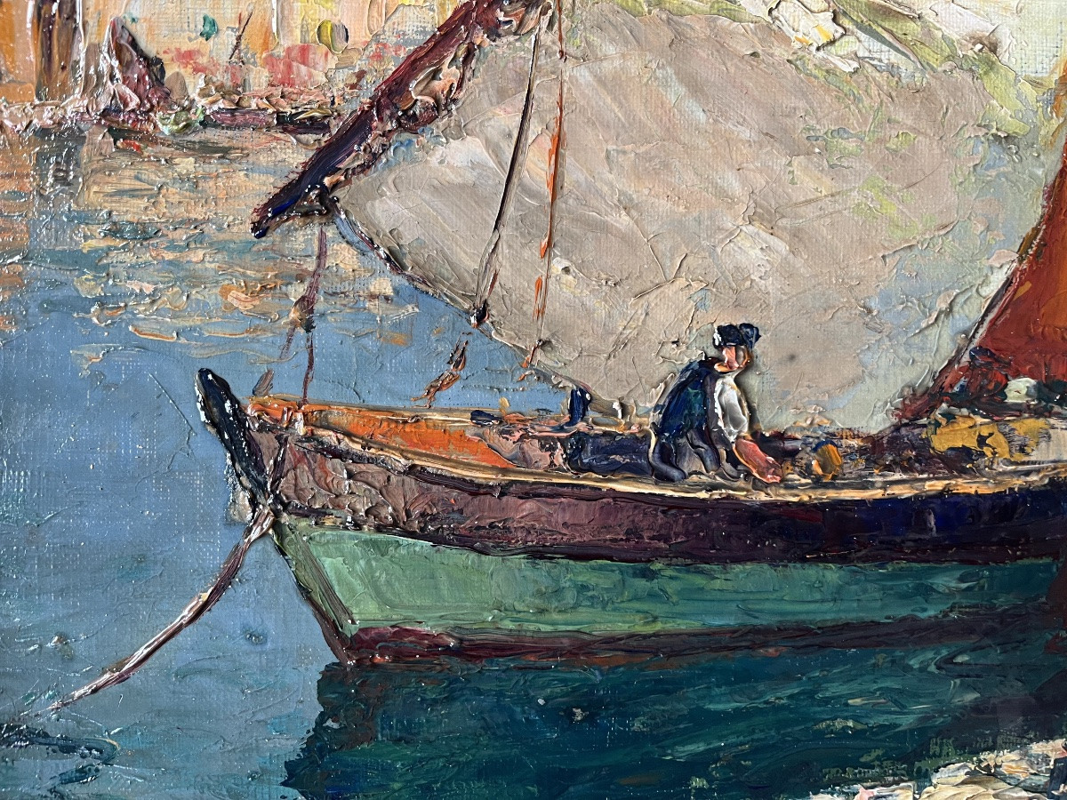 Tableau marine école provençale port de Toulon peinture signée Dominique Manago né en 1902-photo-2