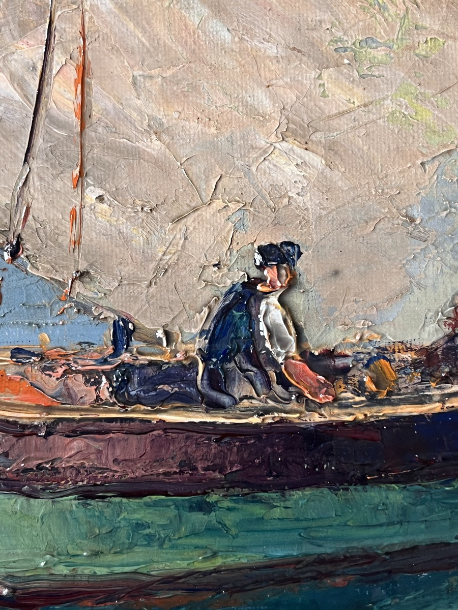 Tableau marine école provençale port de Toulon peinture signée Dominique Manago né en 1902-photo-3