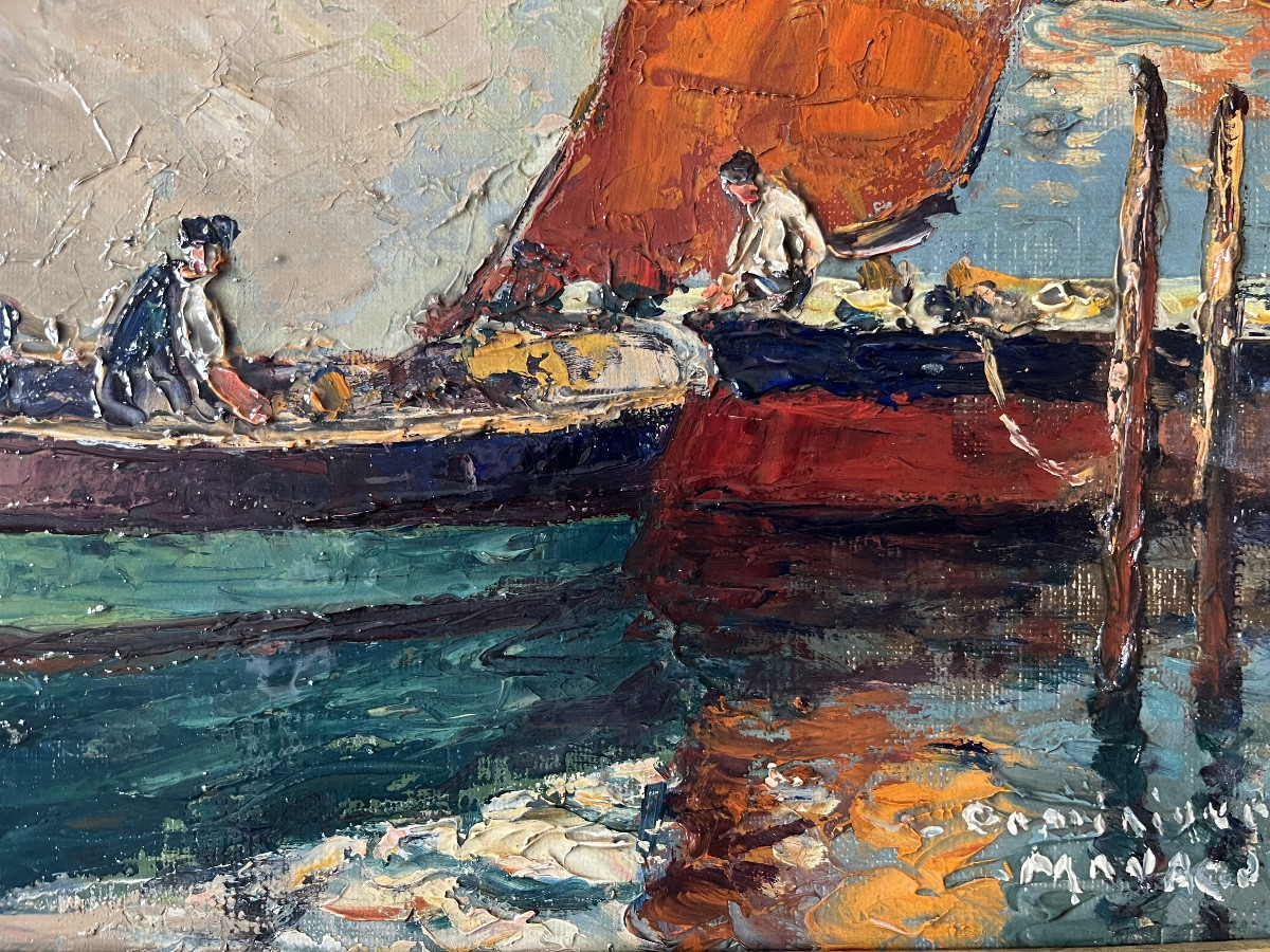 Tableau marine école provençale port de Toulon peinture signée Dominique Manago né en 1902-photo-4