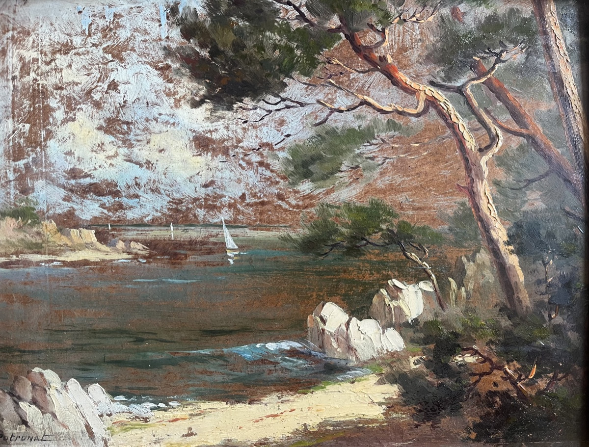 Provençal Seascape Painting With Sailboats, Signed Lucien Potronat (1899-1973)
