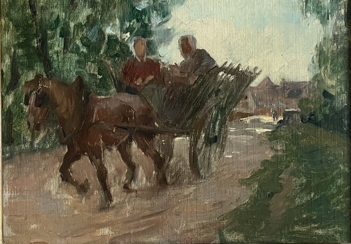 Impressionist Painting, Horse-drawn Carriage, Countryside Landscape, Anonymous Painting. 