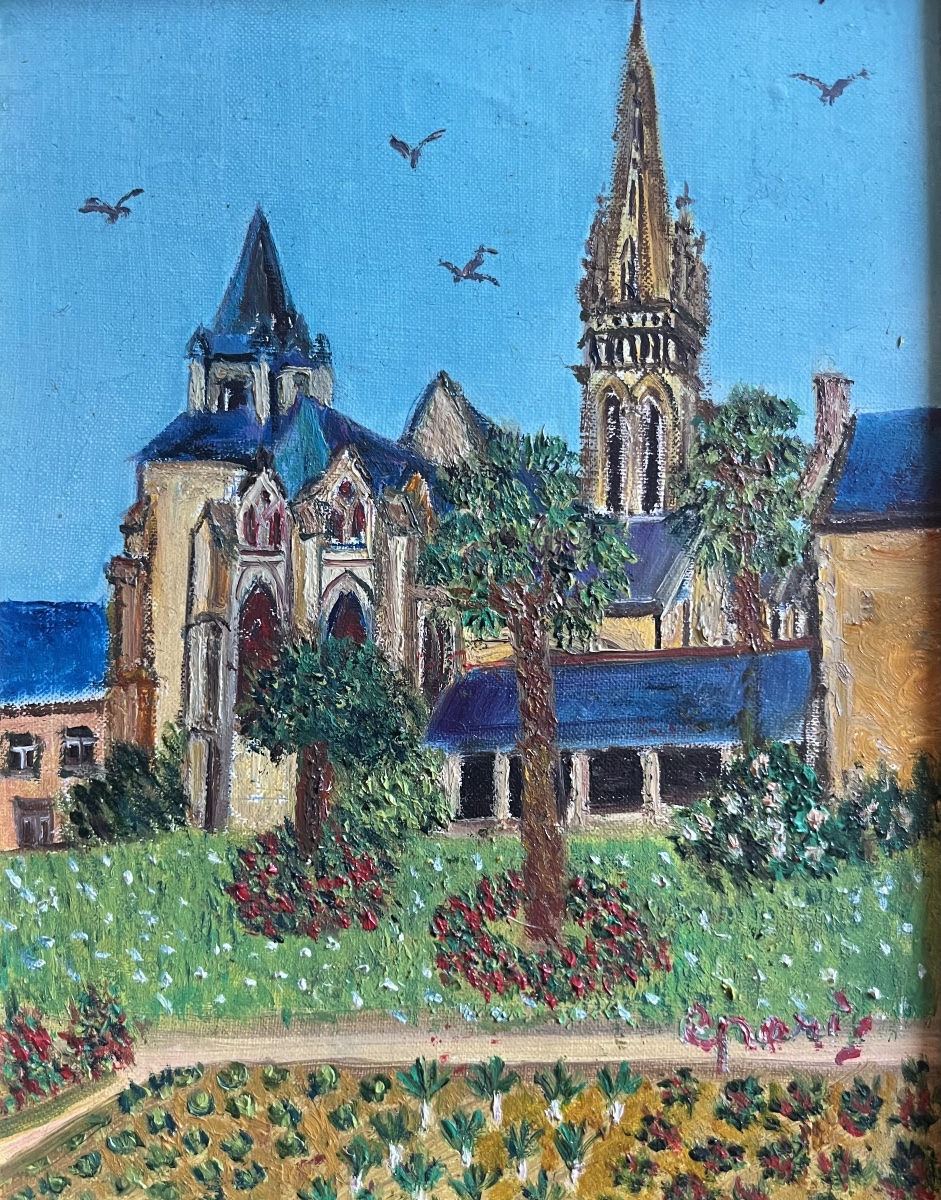 Naive Painting Landscape Brittany Church Of La Guerche Painting Signed Grand'mere Paris 1906-1982-photo-4