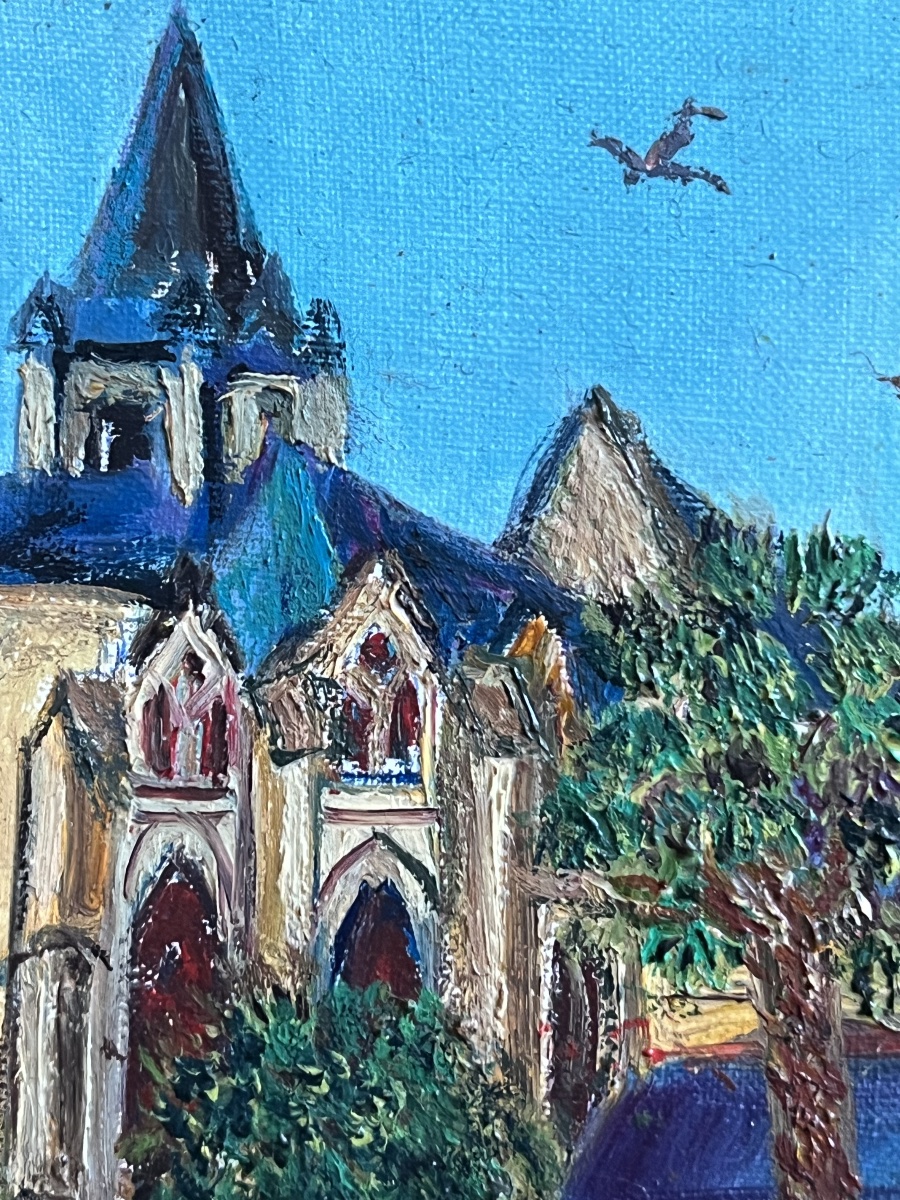 Naive Painting Landscape Brittany Church Of La Guerche Painting Signed Grand'mere Paris 1906-1982-photo-1