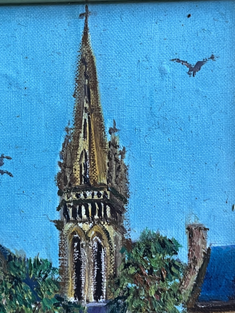 Naive Painting Landscape Brittany Church Of La Guerche Painting Signed Grand'mere Paris 1906-1982-photo-2