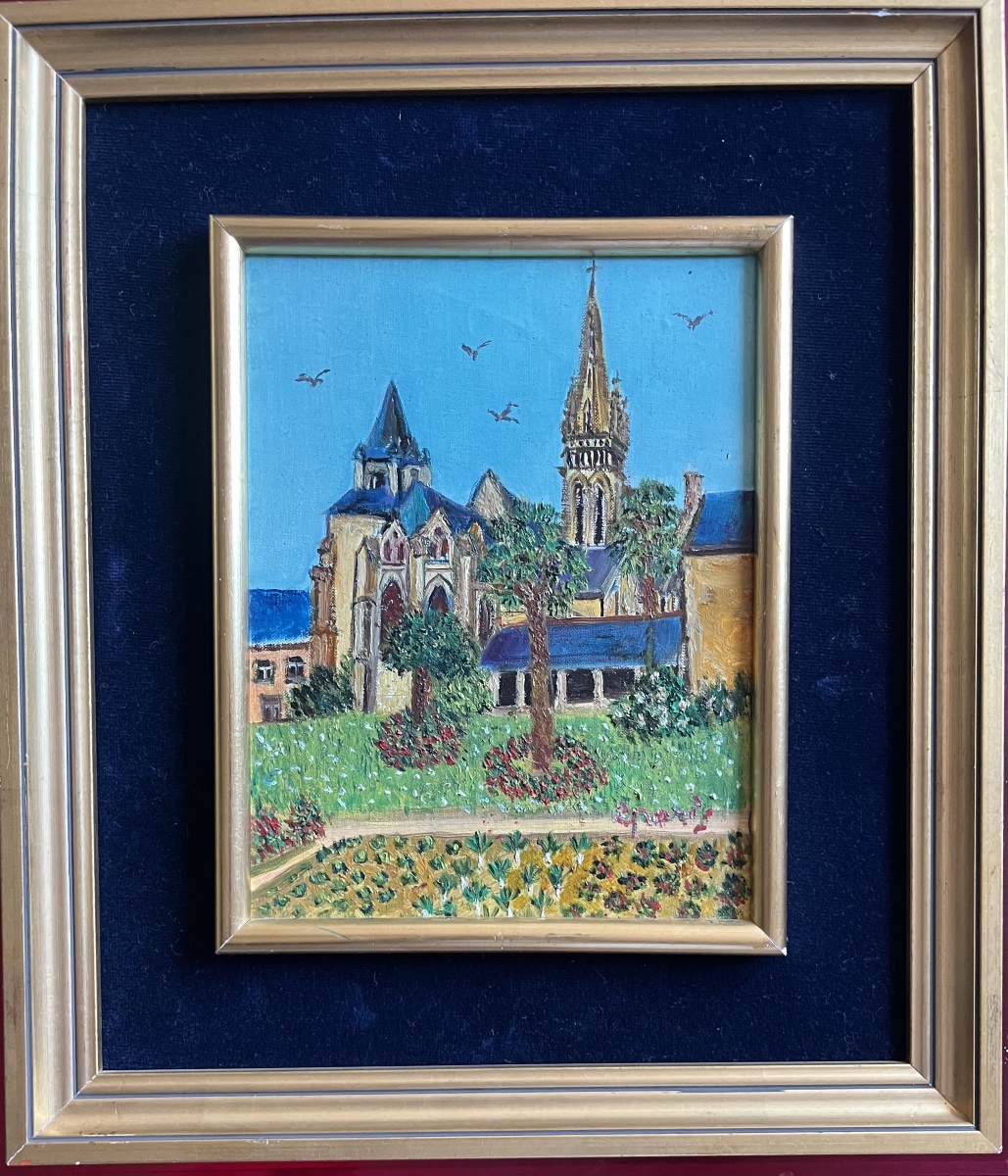 Naive Painting Landscape Brittany Church Of La Guerche Painting Signed Grand'mere Paris 1906-1982