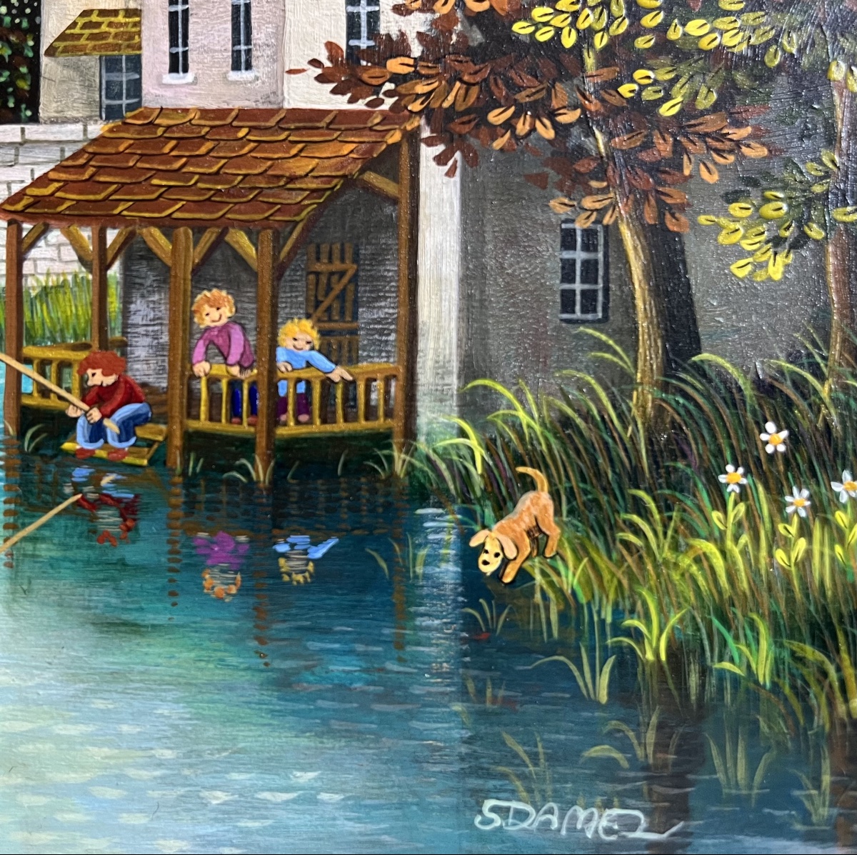 Tableau naif vue de la Cathédrale de Chartres peinture signée Sophie Damez -photo-2