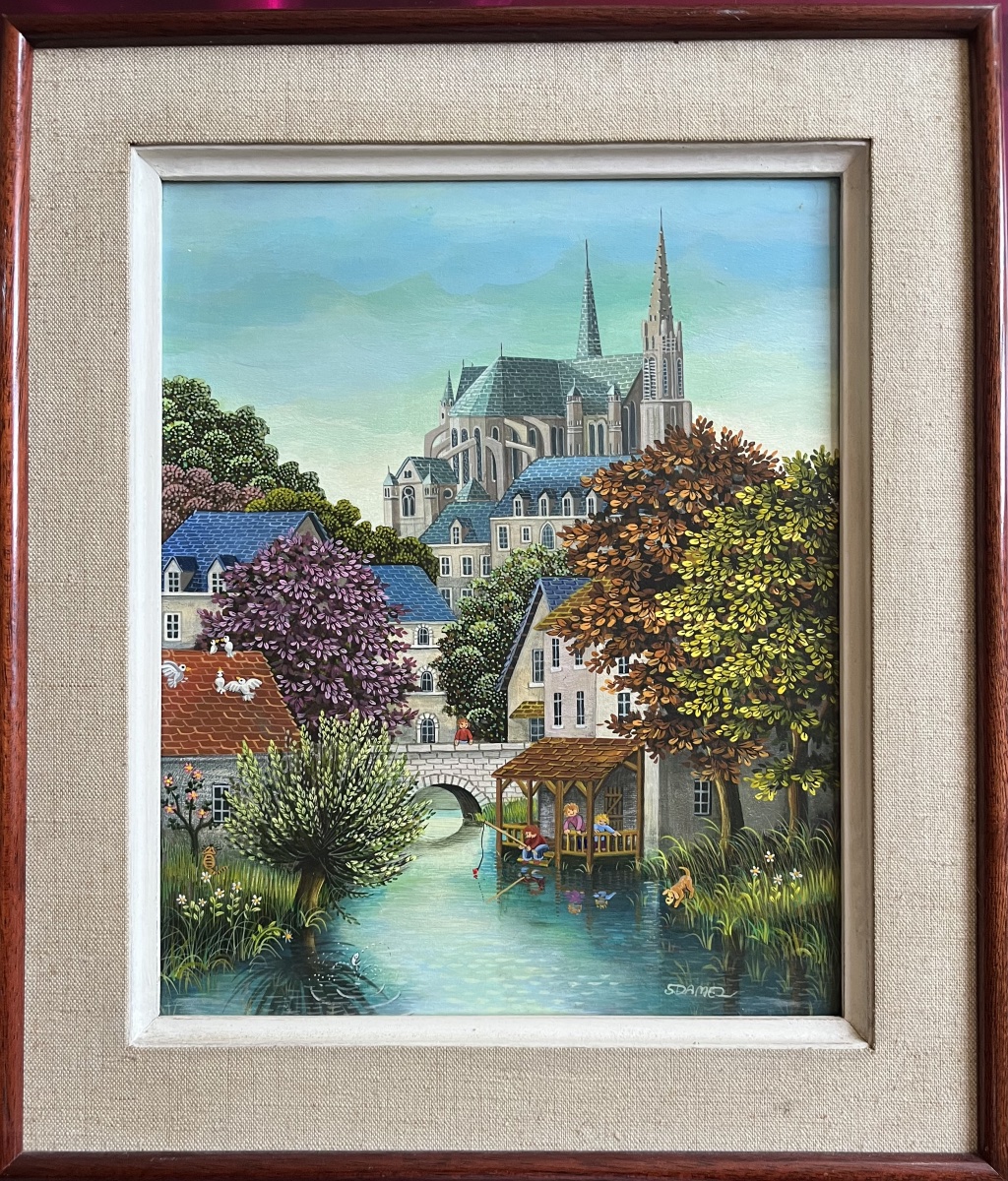 Tableau naif vue de la Cathédrale de Chartres peinture signée Sophie Damez -photo-3