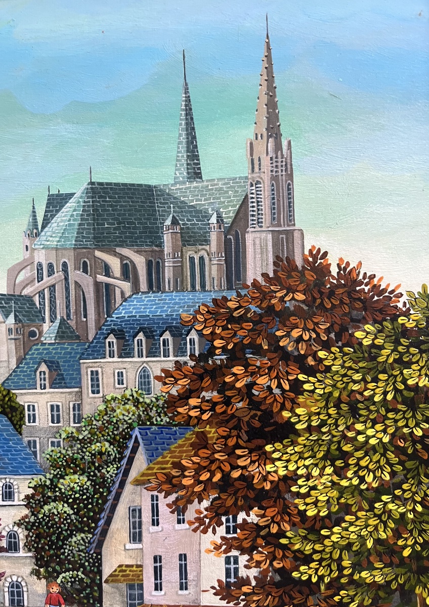 Tableau naif vue de la Cathédrale de Chartres peinture signée Sophie Damez -photo-4