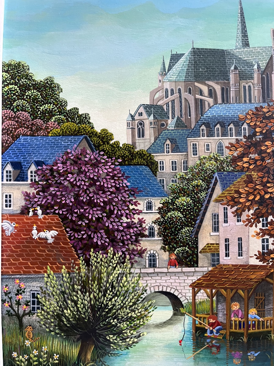 Tableau naif vue de la Cathédrale de Chartres peinture signée Sophie Damez -photo-1