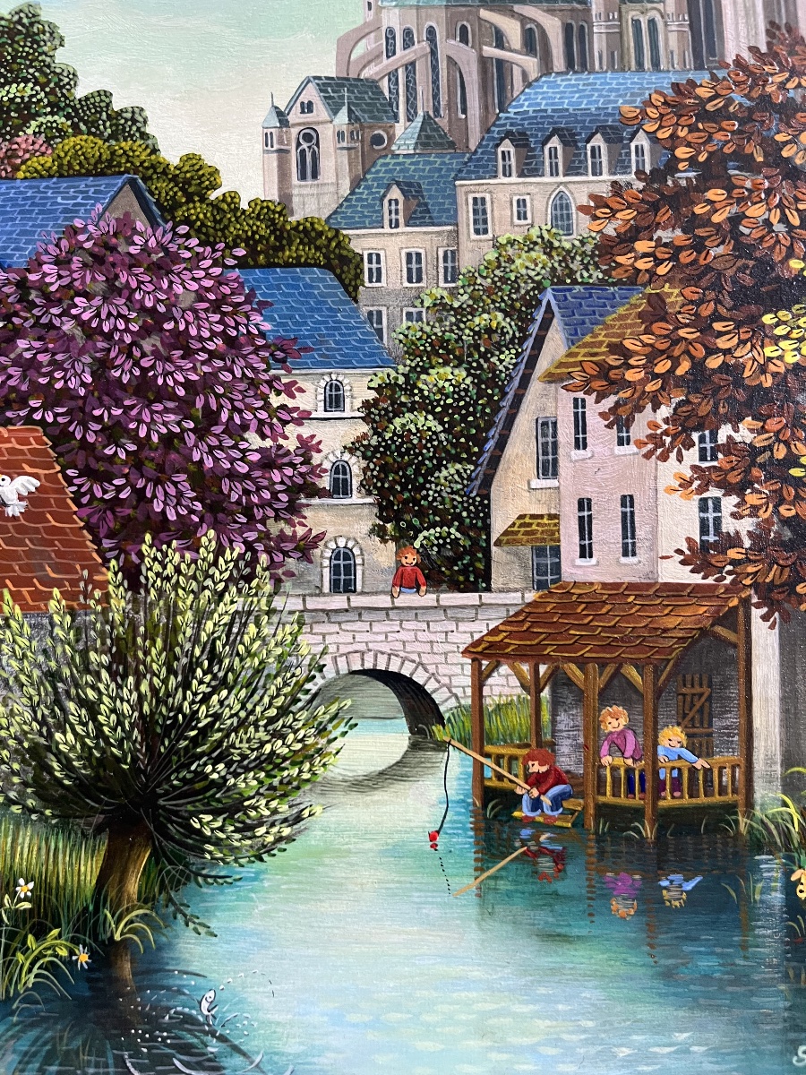 Tableau naif vue de la Cathédrale de Chartres peinture signée Sophie Damez -photo-2