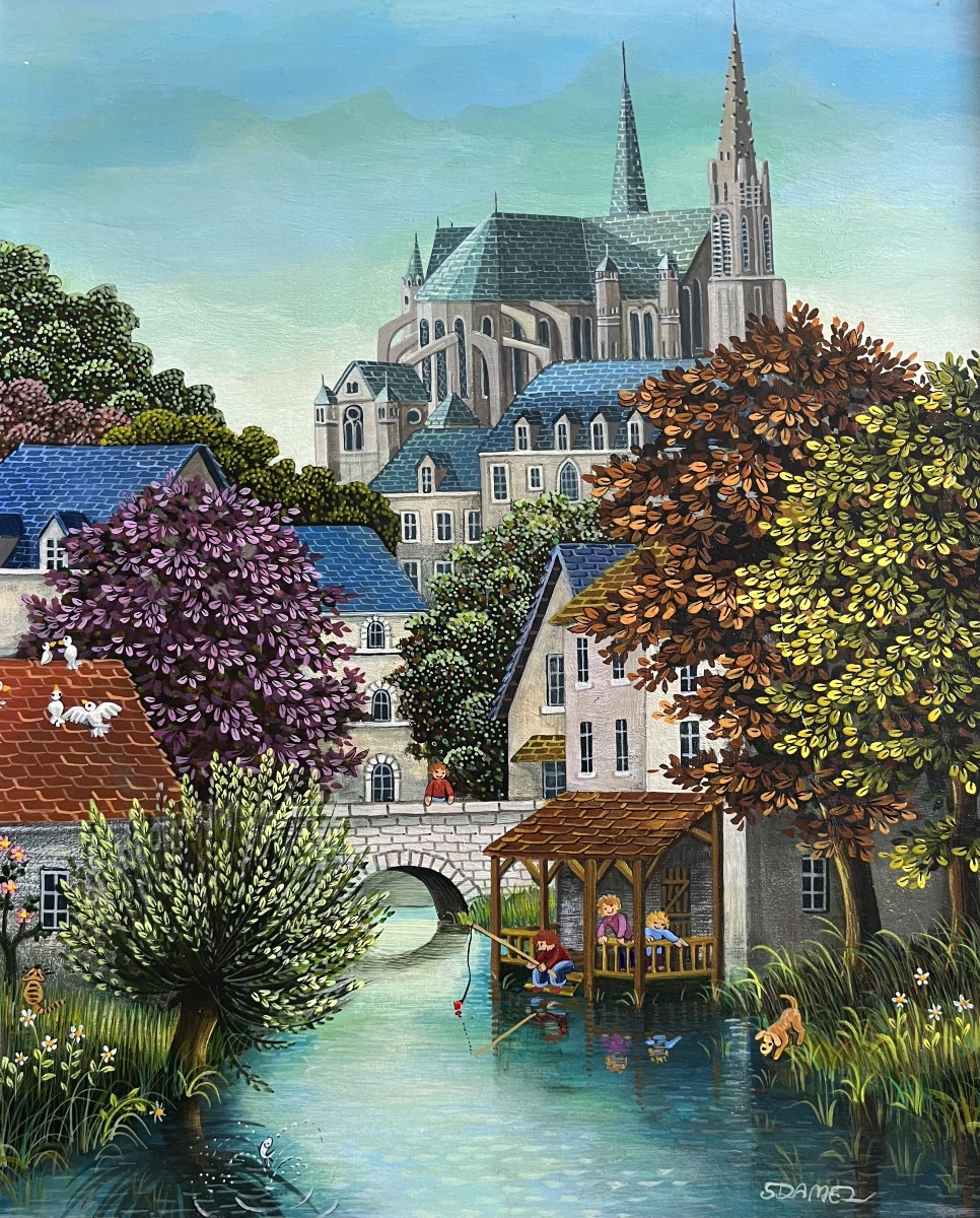 Tableau naif vue de la Cathédrale de Chartres peinture signée Sophie Damez 