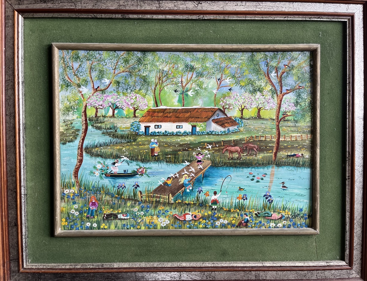 French Naive Painting: A Sunday In The Country Signed Charlotte Sellan-photo-2