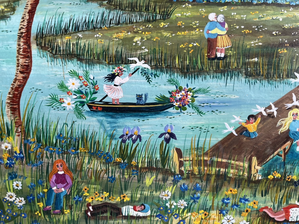 French Naive Painting: A Sunday In The Country Signed Charlotte Sellan-photo-3