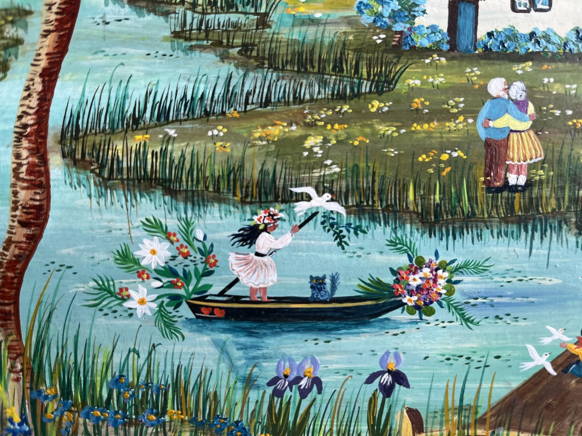 French Naive Painting: A Sunday In The Country Signed Charlotte Sellan-photo-3