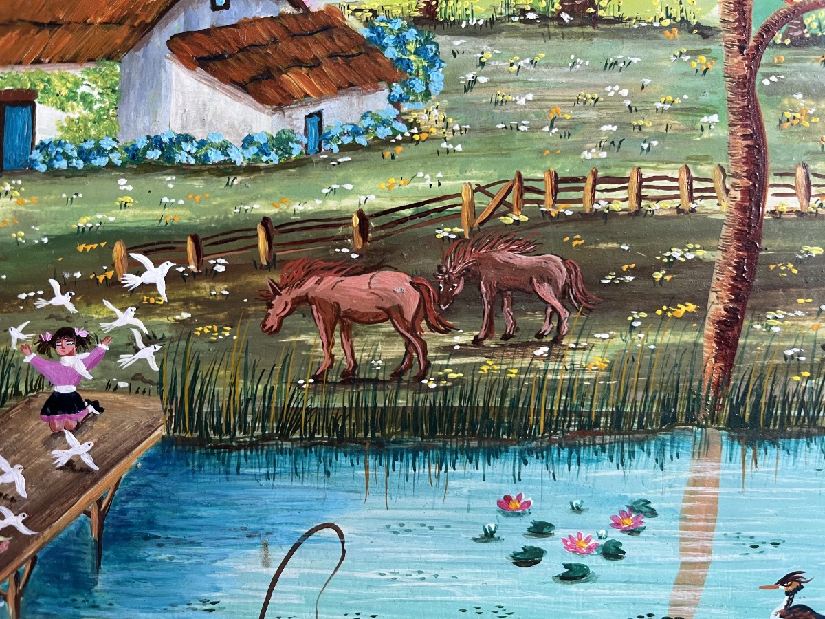 French Naive Painting: A Sunday In The Country Signed Charlotte Sellan-photo-6