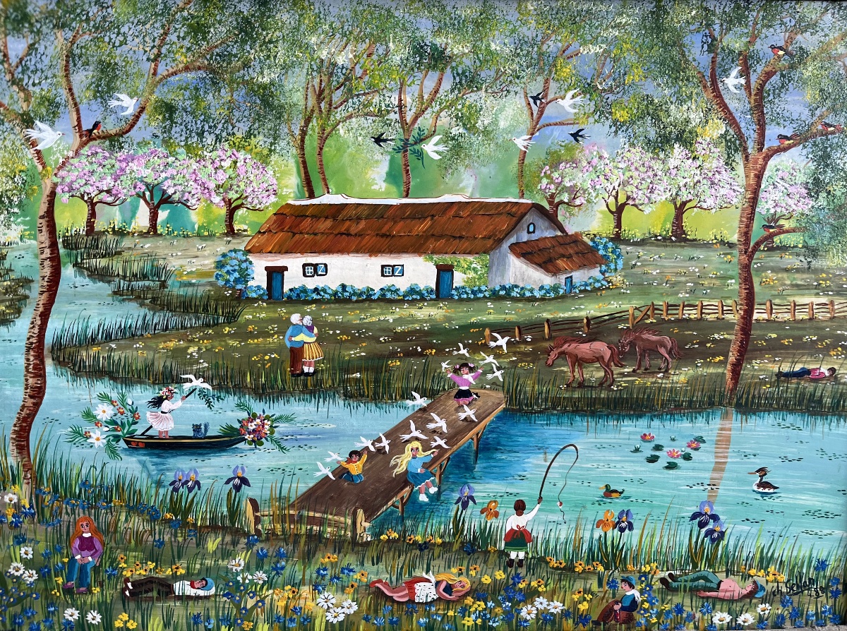 French Naive Painting: A Sunday In The Country Signed Charlotte Sellan