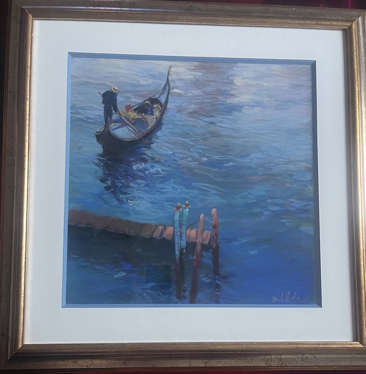 Tableau Italie Italia Venise gondole pastel signé Michel Colin -photo-4